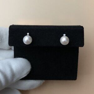 Akoya 6.5mm Pearl and .01ct Diamond Stud Earrings, 14KT White Gold Cast, 1.08gm